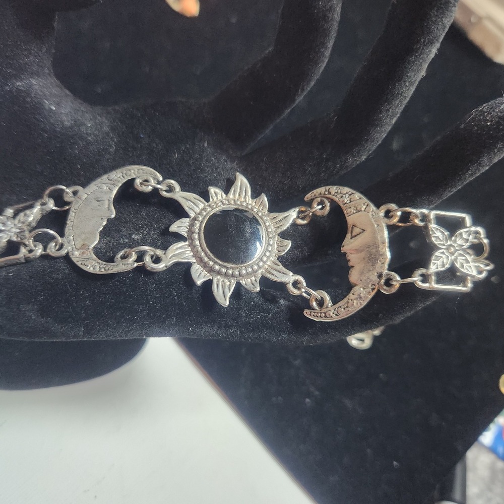 Celestial Sun Moon Link Bracelet Silver Tone Black Cabochon Boho Mystical - Picture 2 of 14
